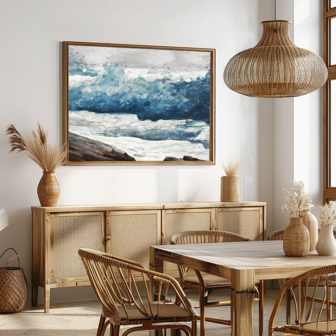 Experience the captivating energy of the ocean with this dynamic portrayal of crashing waves. for Dining