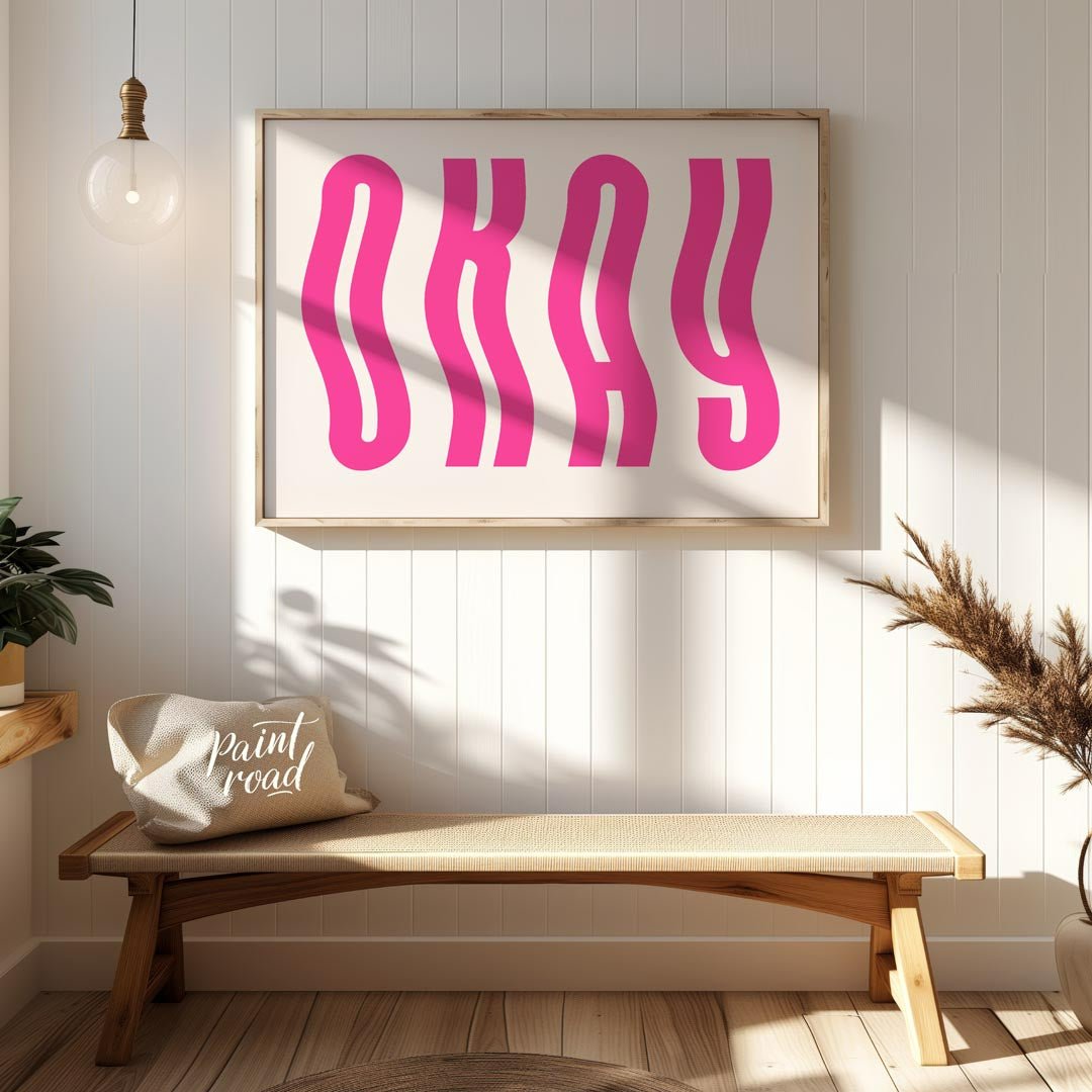 This minimalist and playful graphic features the word “OKAY” in large, bold, hot pink letters. The … for entryway