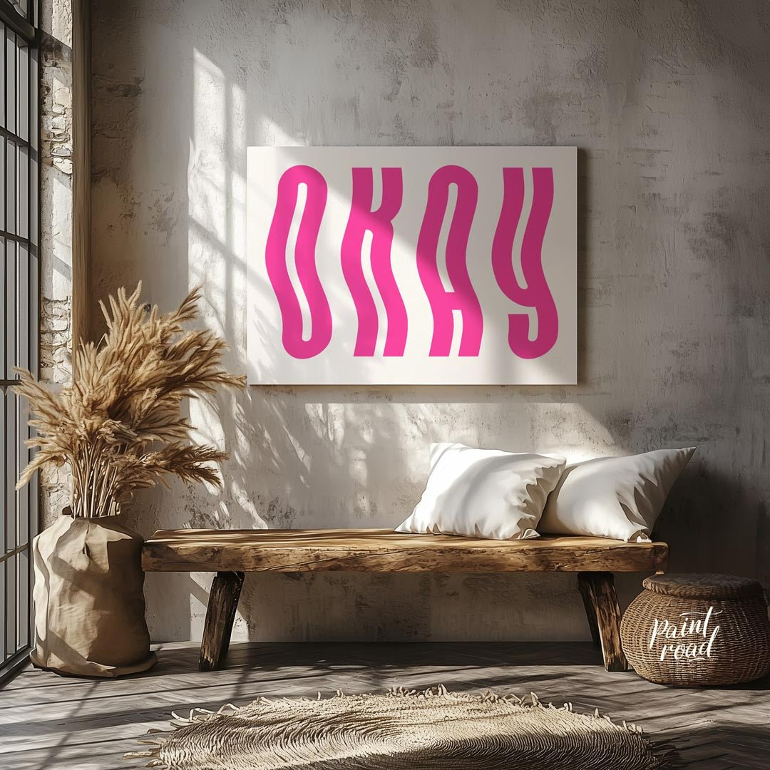 This minimalist and playful graphic features the word “OKAY” in large, bold, hot pink letters. The … for entryway