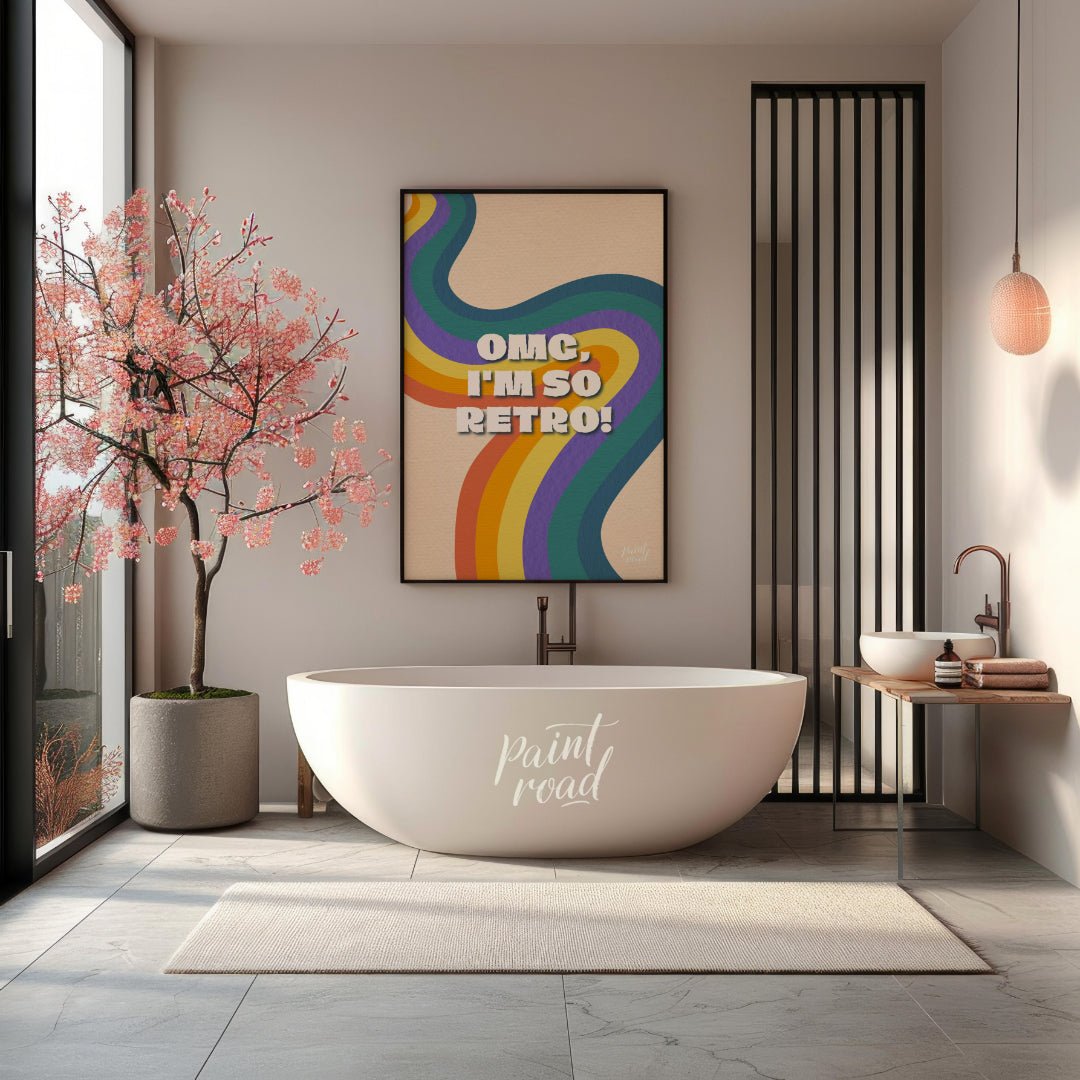 This vibrant and nostalgic graphic features the playful phrase “OMG, I’M SO RETRO!” set against a f… for bathroom