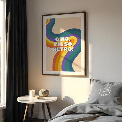 This vibrant and nostalgic graphic features the playful phrase “OMG, I’M SO RETRO!” set against a f… for bedroom