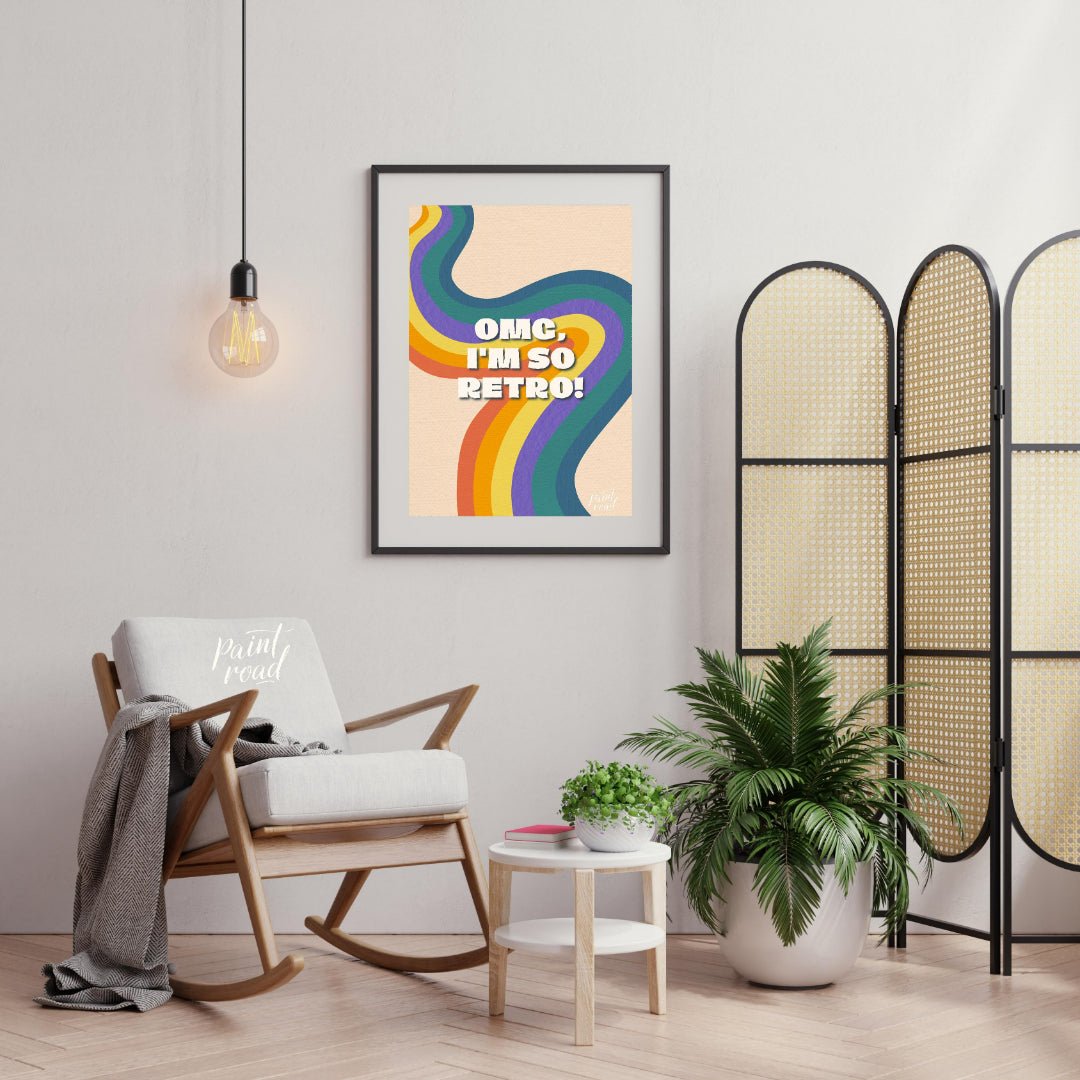 This vibrant and nostalgic graphic features the playful phrase “OMG, I’M SO RETRO!” set against a f… for living room
