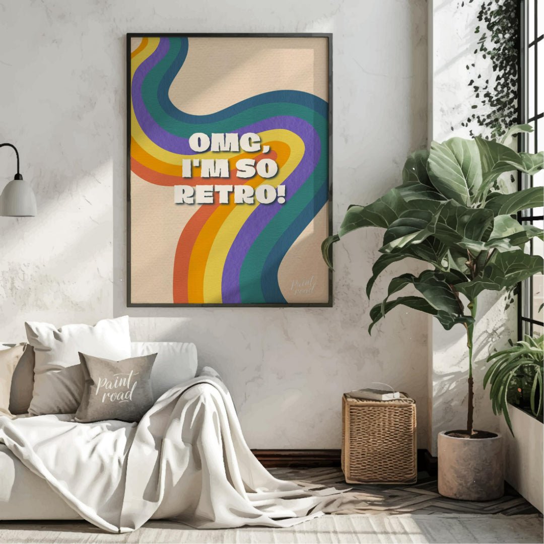 This vibrant and nostalgic graphic features the playful phrase “OMG, I’M SO RETRO!” set against a f… for living room