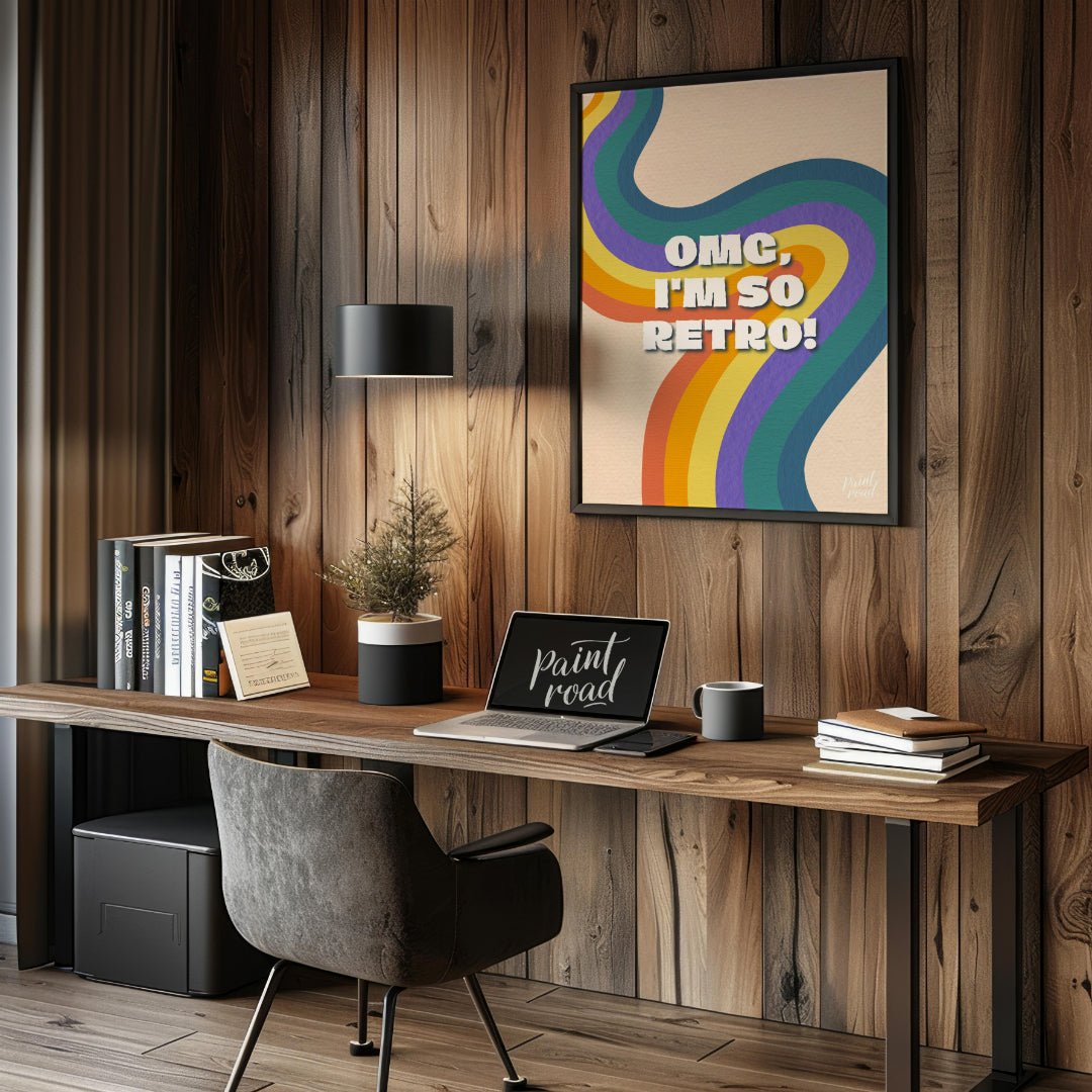 This vibrant and nostalgic graphic features the playful phrase “OMG, I’M SO RETRO!” set against a f… for office