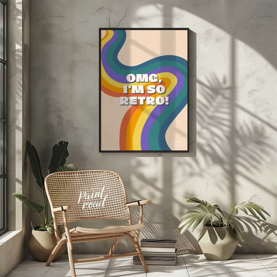 This vibrant and nostalgic graphic features the playful phrase “OMG, I’M SO RETRO!” set against a f… for other
