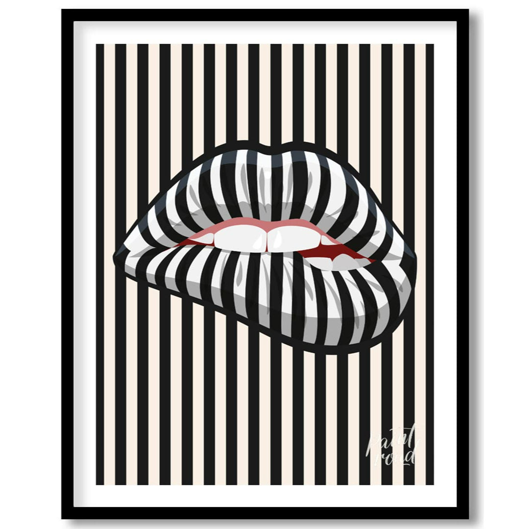 This striking art print features a close-up of an open mouth with lips adorned in a bold black and … for area