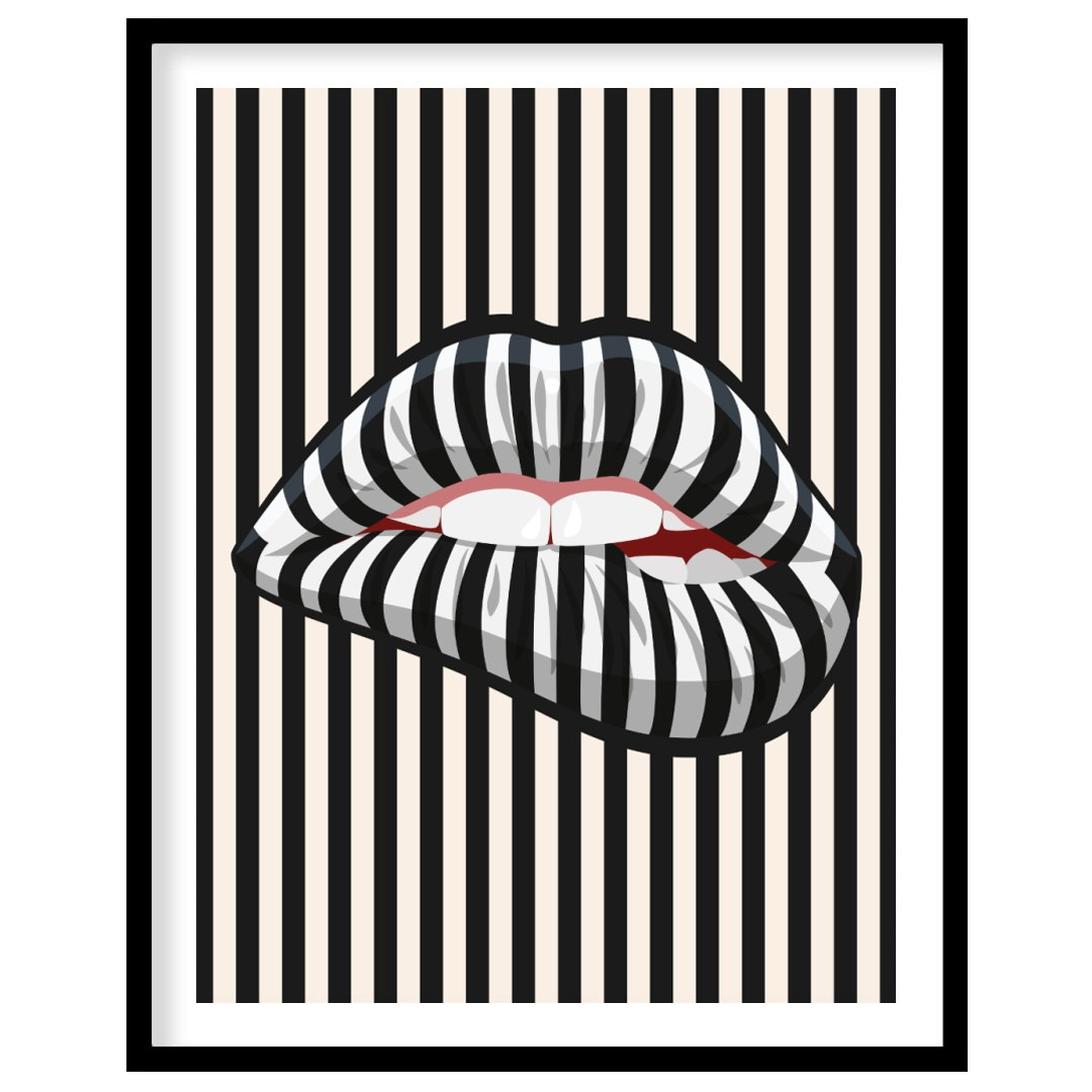 This striking art print features a close-up of an open mouth with lips adorned in a bold black and … for area