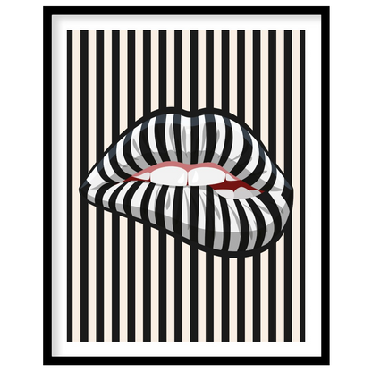 This striking art print features a close-up of an open mouth with lips adorned in a bold black and … for area