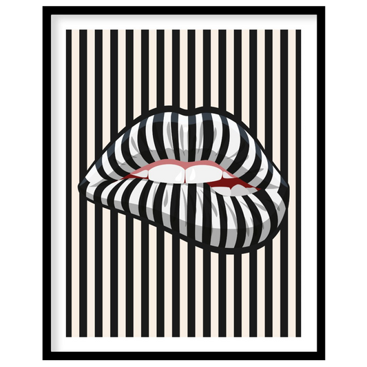 This striking art print features a close-up of an open mouth with lips adorned in a bold black and … for area