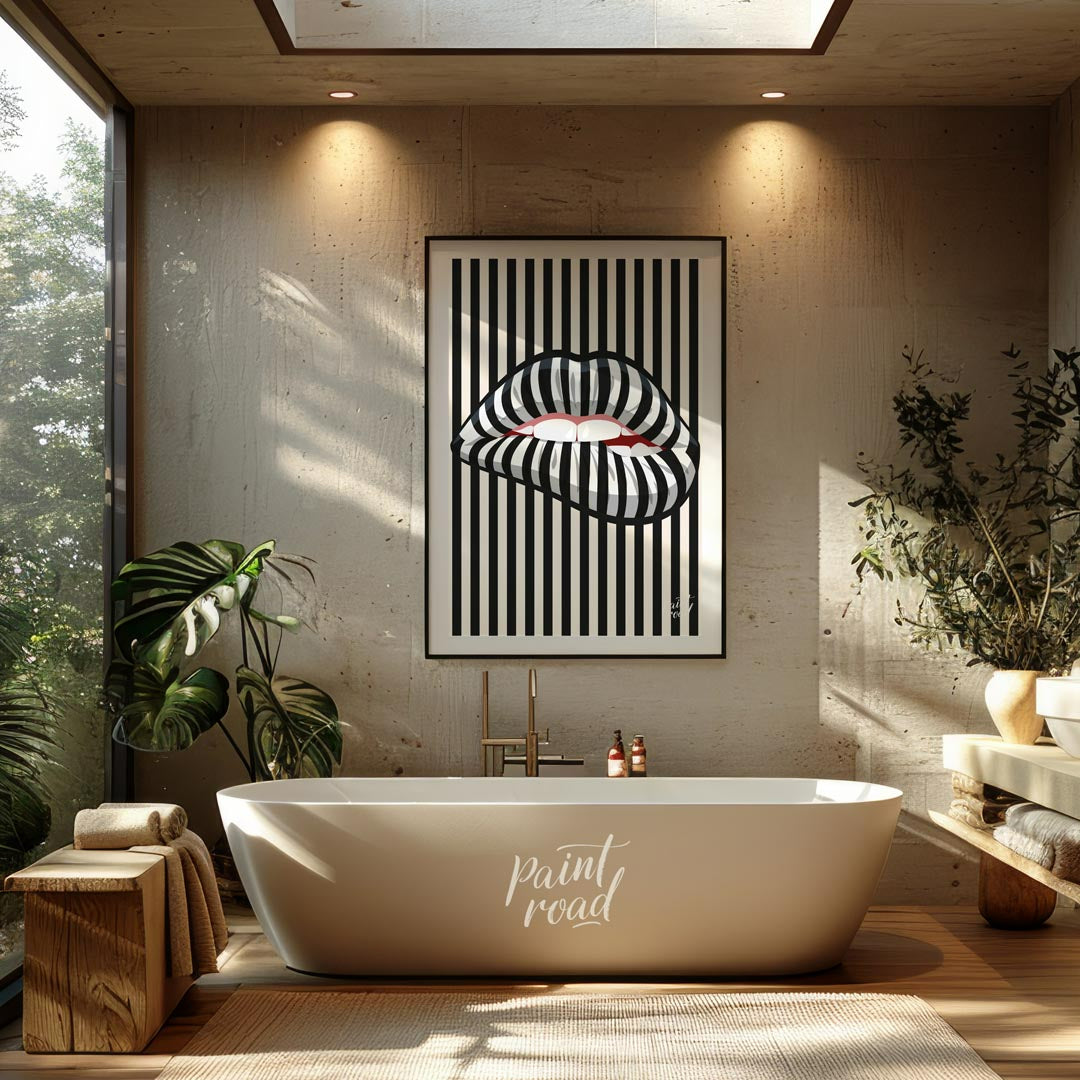 This striking art print features a close-up of an open mouth with lips adorned in a bold black and … for bathroom