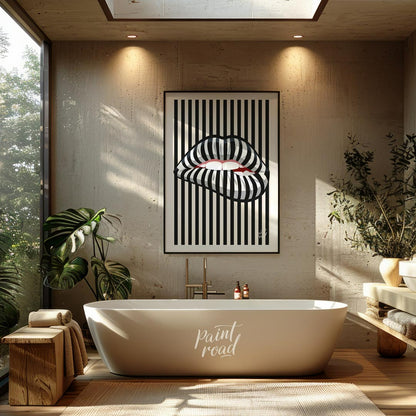 This striking art print features a close-up of an open mouth with lips adorned in a bold black and … for bathroom