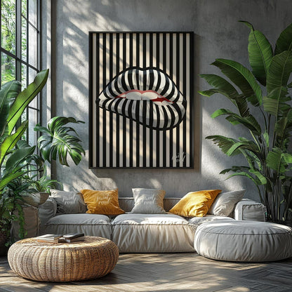 This striking art print features a close-up of an open mouth with lips adorned in a bold black and … for living room