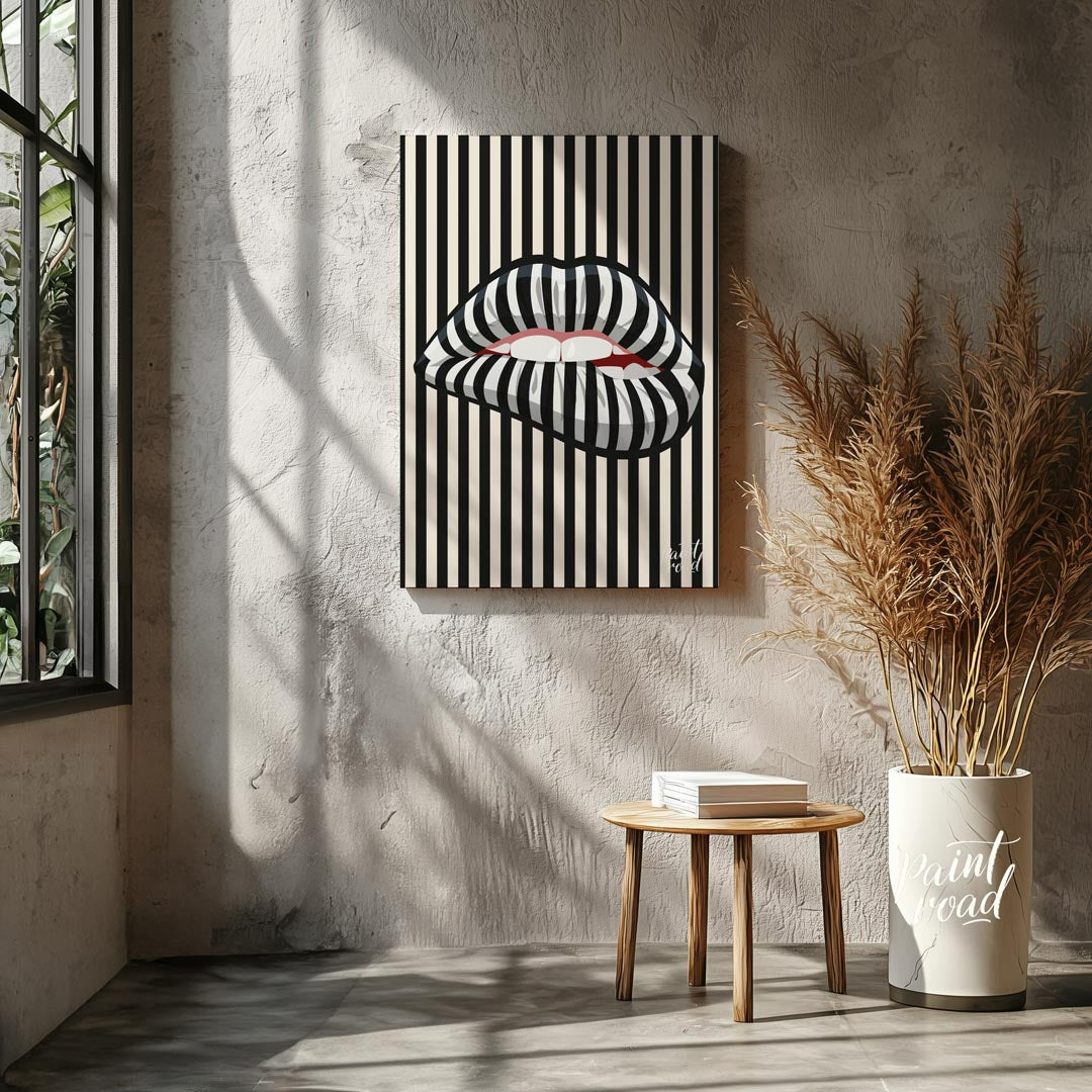 This striking art print features a close-up of an open mouth with lips adorned in a bold black and … for living room
