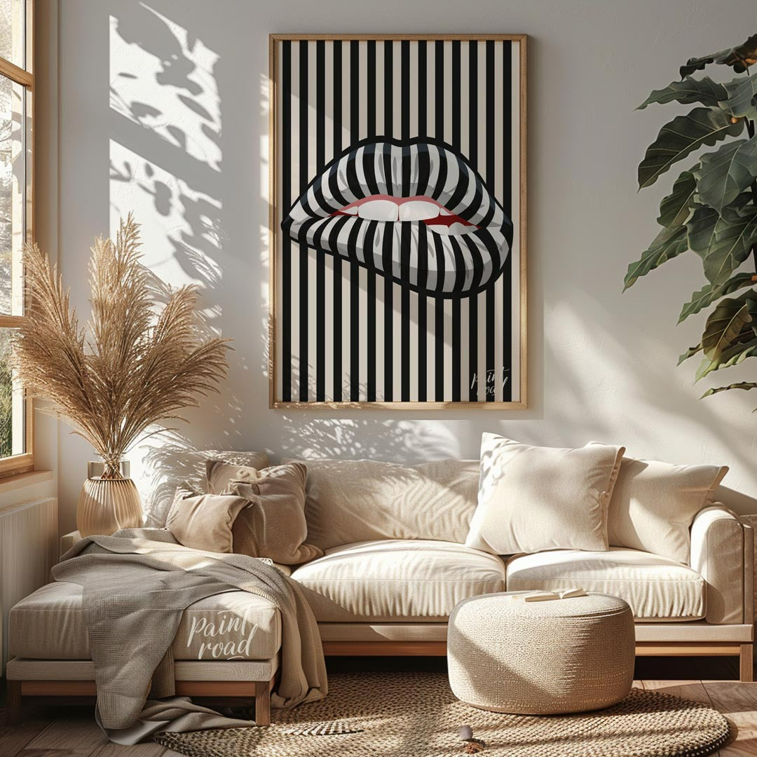 This striking art print features a close-up of an open mouth with lips adorned in a bold black and … for living room