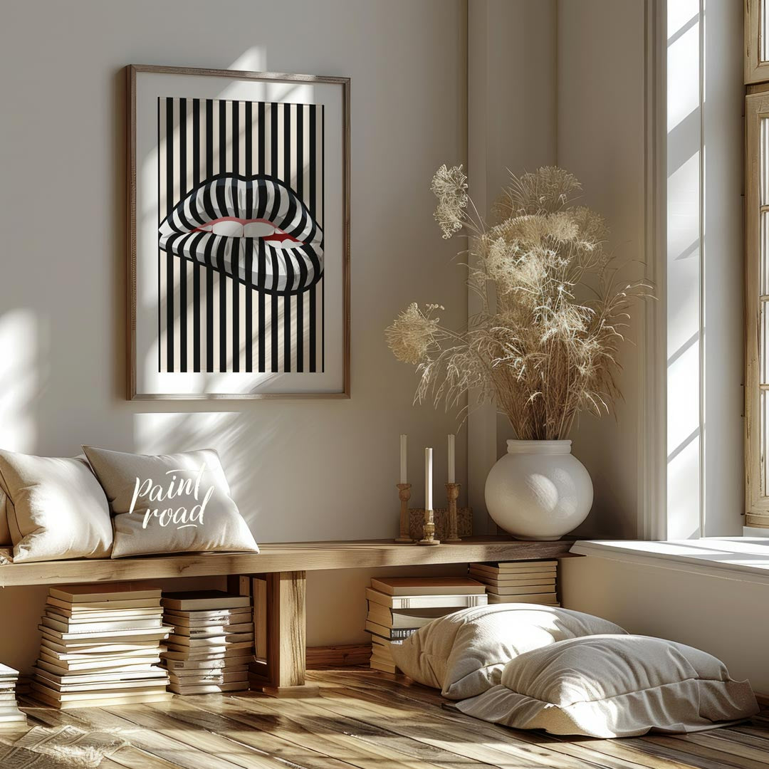 This striking art print features a close-up of an open mouth with lips adorned in a bold black and … for living room