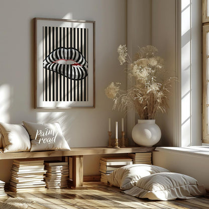 This striking art print features a close-up of an open mouth with lips adorned in a bold black and … for living room
