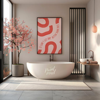 "Optimistic Curve" features a minimalist design with red, curved lines against a light pink backgro… for bathroom