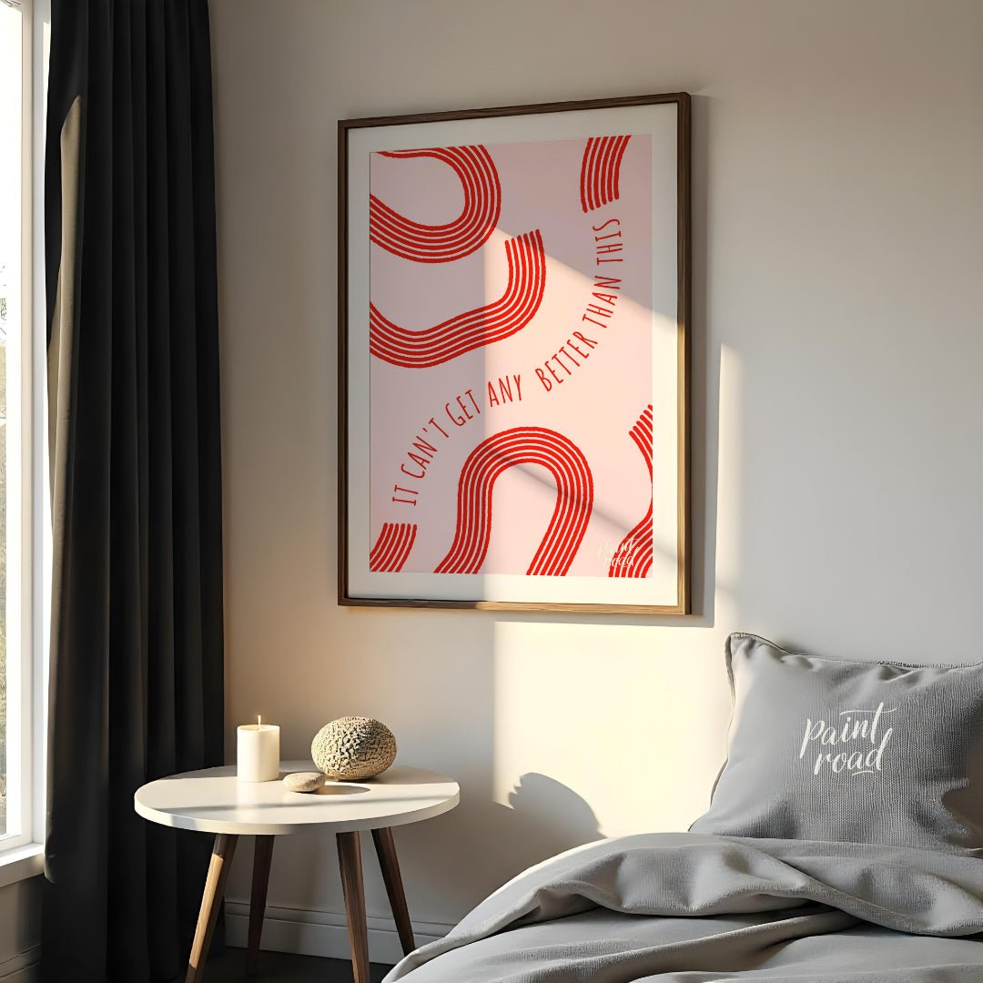 "Optimistic Curve" features a minimalist design with red, curved lines against a light pink backgro… for bedroom