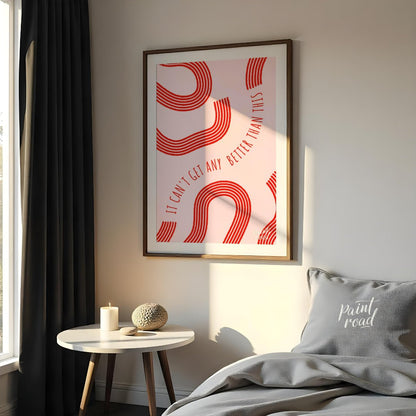 "Optimistic Curve" features a minimalist design with red, curved lines against a light pink backgro… for bedroom