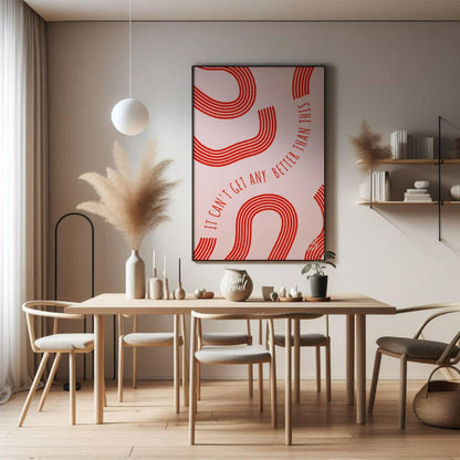 "Optimistic Curve" features a minimalist design with red, curved lines against a light pink backgro… for dining room