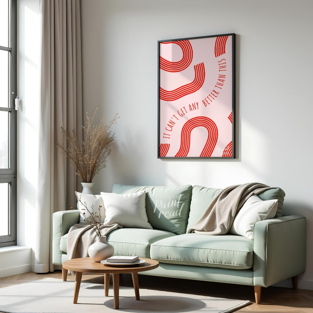 "Optimistic Curve" features a minimalist design with red, curved lines against a light pink backgro… for living room