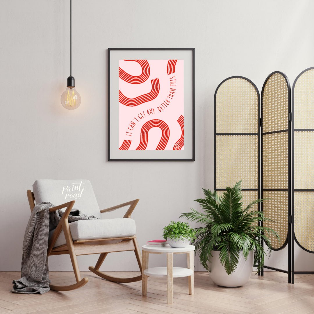 "Optimistic Curve" features a minimalist design with red, curved lines against a light pink backgro… for living room
