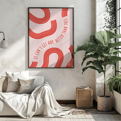 "Optimistic Curve" features a minimalist design with red, curved lines against a light pink backgro… for living room
