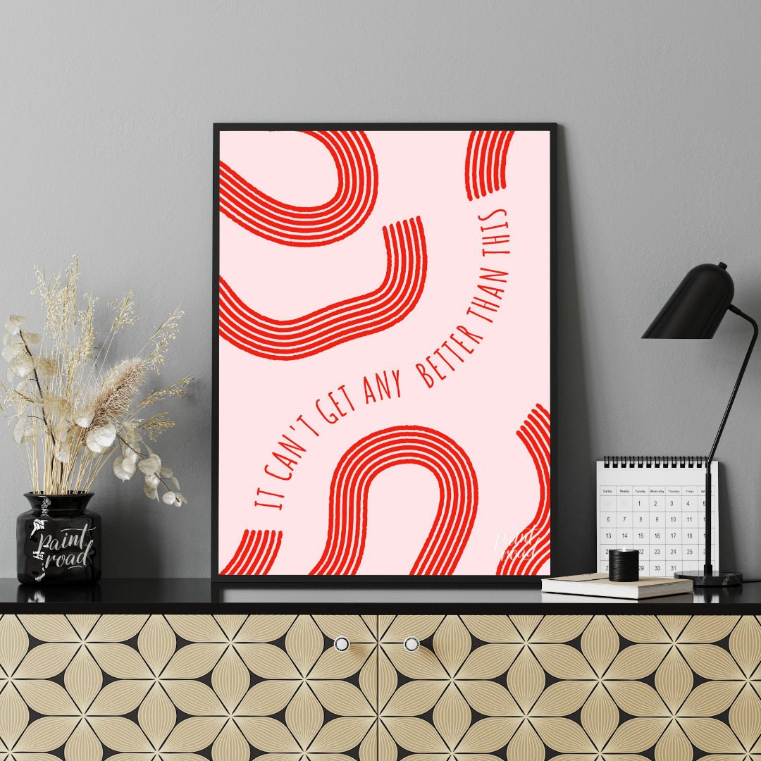 "Optimistic Curve" features a minimalist design with red, curved lines against a light pink backgro… for office