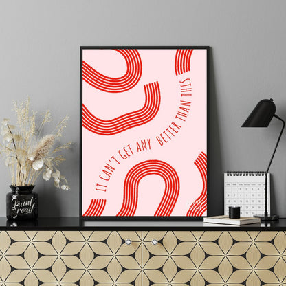 "Optimistic Curve" features a minimalist design with red, curved lines against a light pink backgro… for office