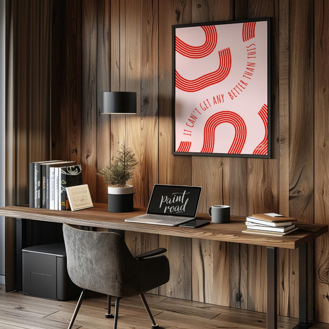 "Optimistic Curve" features a minimalist design with red, curved lines against a light pink backgro… for office