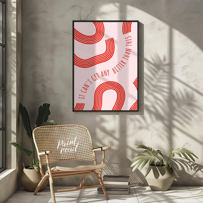 "Optimistic Curve" features a minimalist design with red, curved lines against a light pink backgro… for other
