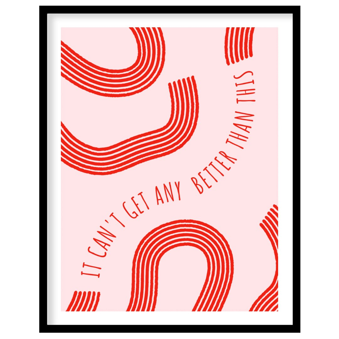 "Optimistic Curve" features a minimalist design with red, curved lines against a light pink backgro… for sweet home