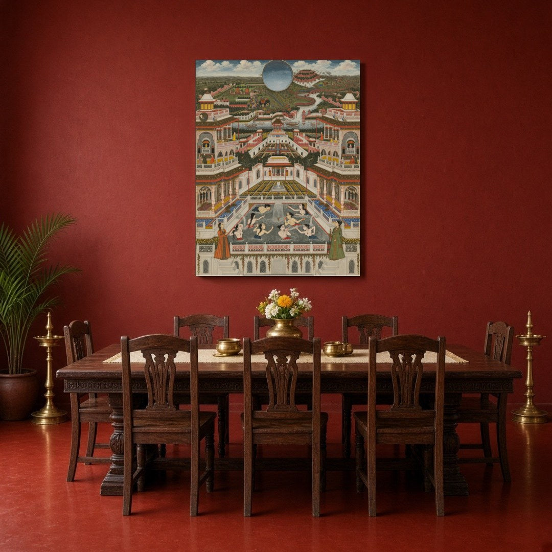 Immerse yourself in the intricate world of Mughal architecture with this exquisite portrayal of a for Dining