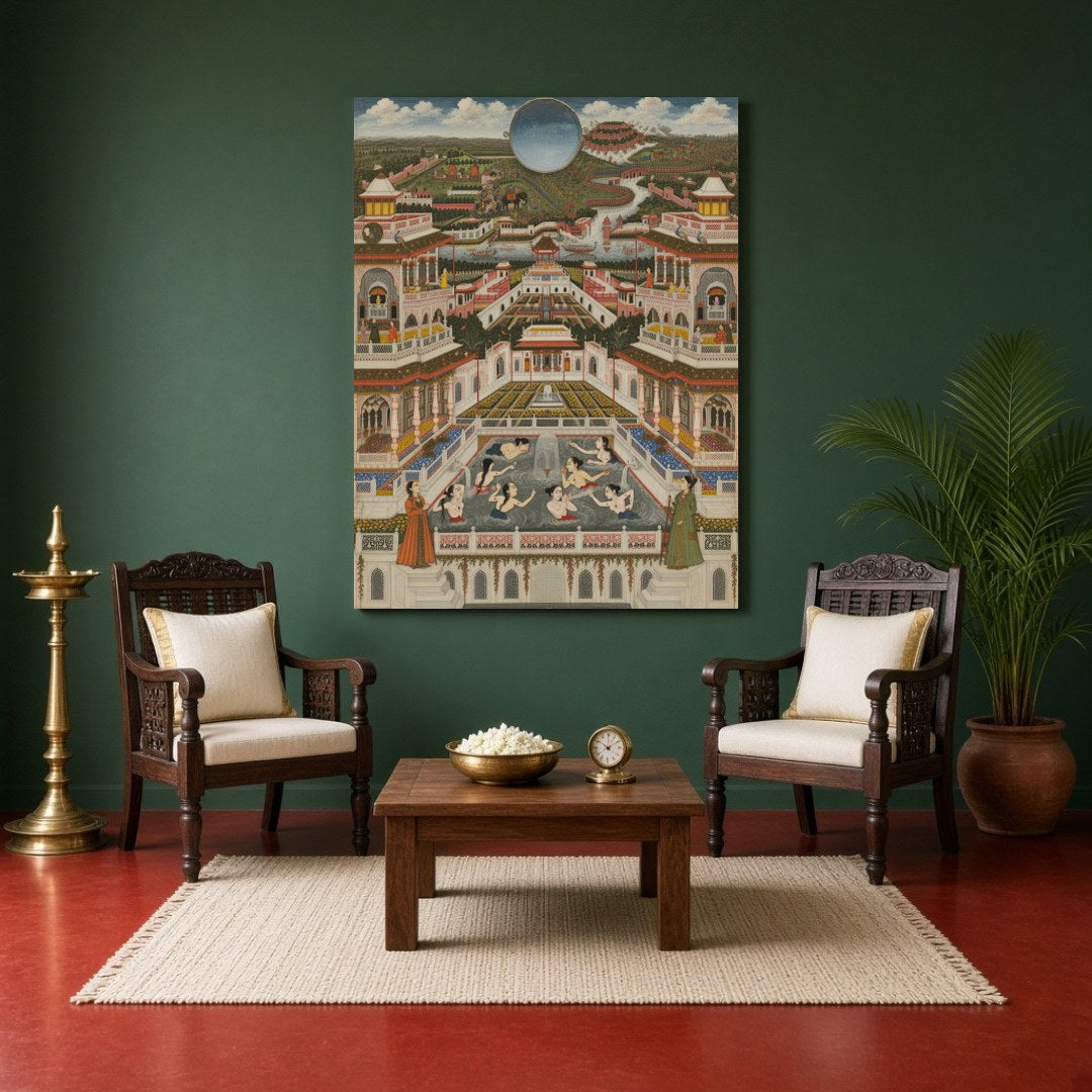 Immerse yourself in the intricate world of Mughal architecture with this exquisite portrayal of a for Sitting Area