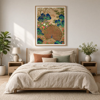 This exquisite art piece celebrates the vibrant beauty of a majestic peacock surrounded by lush for Bedroom