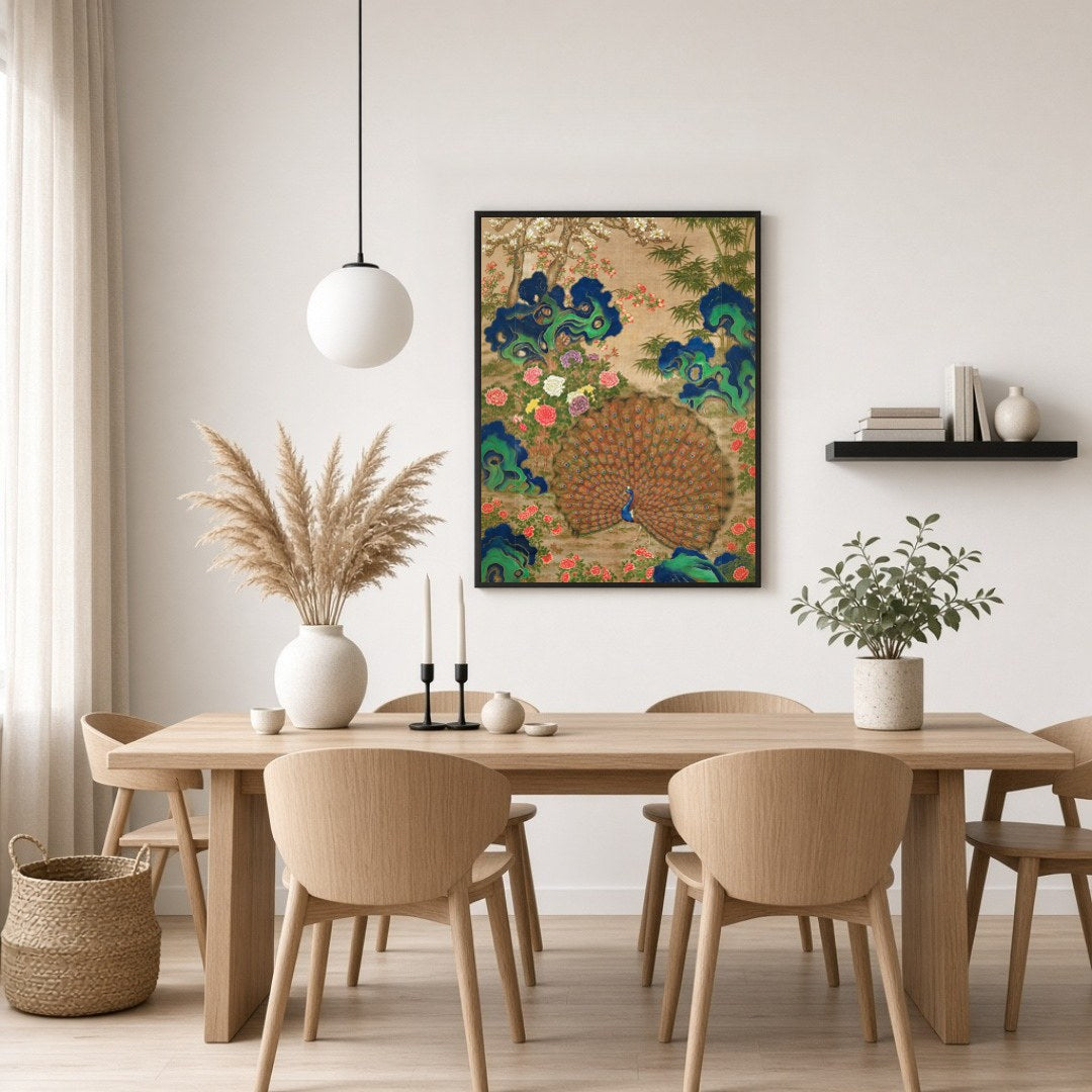 This exquisite art piece celebrates the vibrant beauty of a majestic peacock surrounded by lush for Dining
