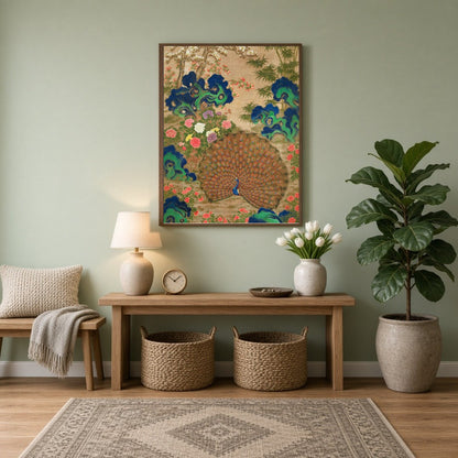 This exquisite art piece celebrates the vibrant beauty of a majestic peacock surrounded by lush for Entrance