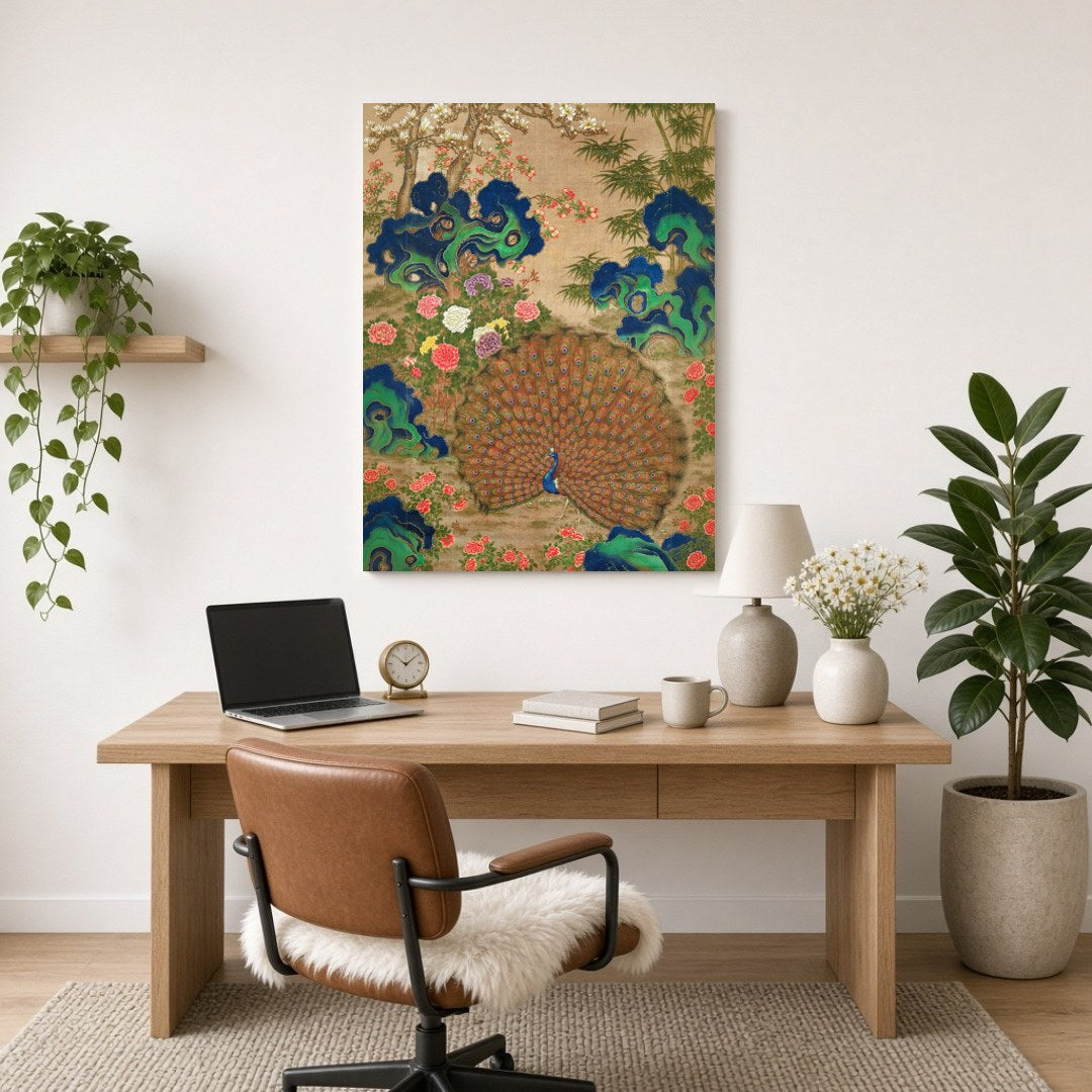 This exquisite art piece celebrates the vibrant beauty of a majestic peacock surrounded by lush for Home Office