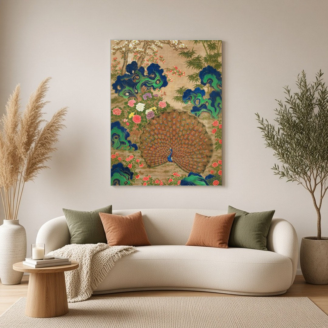 This exquisite art piece celebrates the vibrant beauty of a majestic peacock surrounded by lush for Living Room