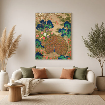 This exquisite art piece celebrates the vibrant beauty of a majestic peacock surrounded by lush for Living Room