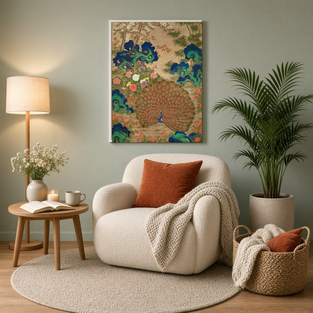 This exquisite art piece celebrates the vibrant beauty of a majestic peacock surrounded by lush for Reading Nook