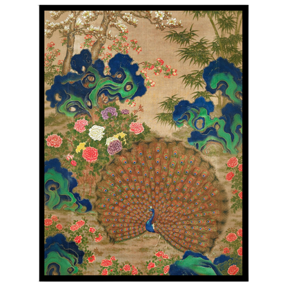 This exquisite art piece celebrates the vibrant beauty of a majestic peacock surrounded by lush for sanctuary