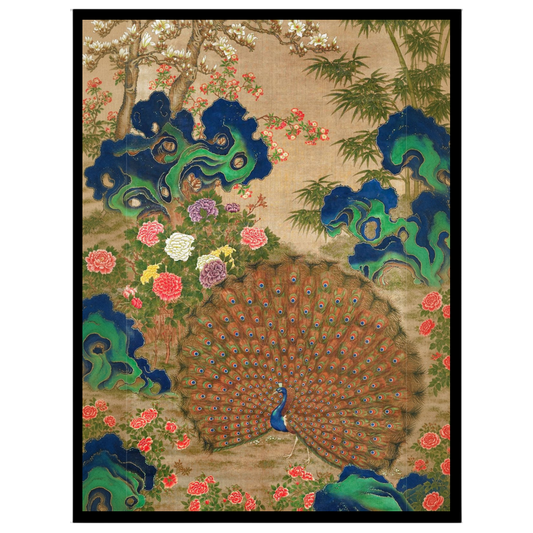 This exquisite art piece celebrates the vibrant beauty of a majestic peacock surrounded by lush for sanctuary
