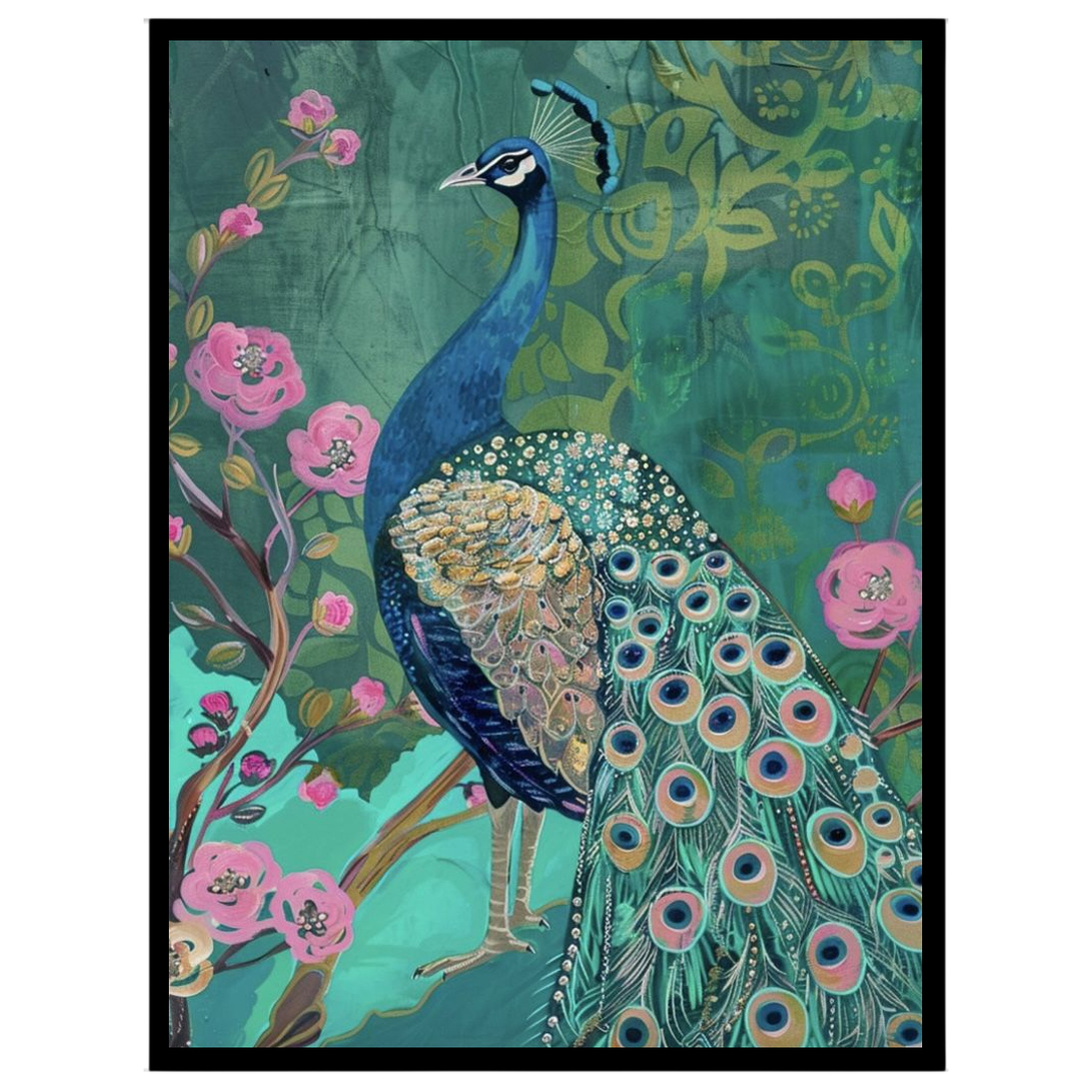 Immerse yourself in the regal allure of this artwork featuring a majestic peacock amidst a lush for area