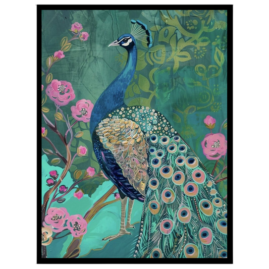 Immerse yourself in the regal allure of this artwork featuring a majestic peacock amidst a lush for area