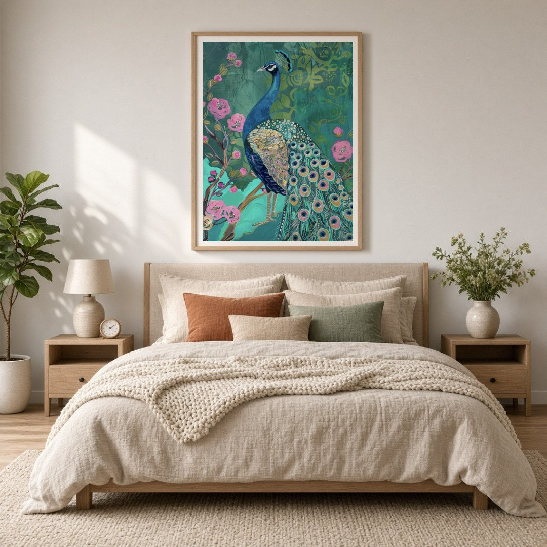 Immerse yourself in the regal allure of this artwork featuring a majestic peacock amidst a lush for Bedroom