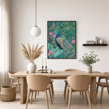 Immerse yourself in the regal allure of this artwork featuring a majestic peacock amidst a lush for Dining