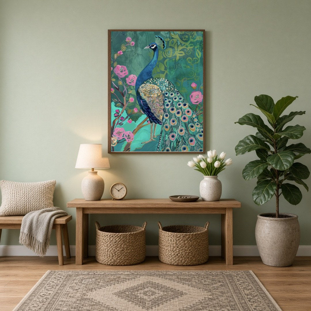 Immerse yourself in the regal allure of this artwork featuring a majestic peacock amidst a lush for Entrance