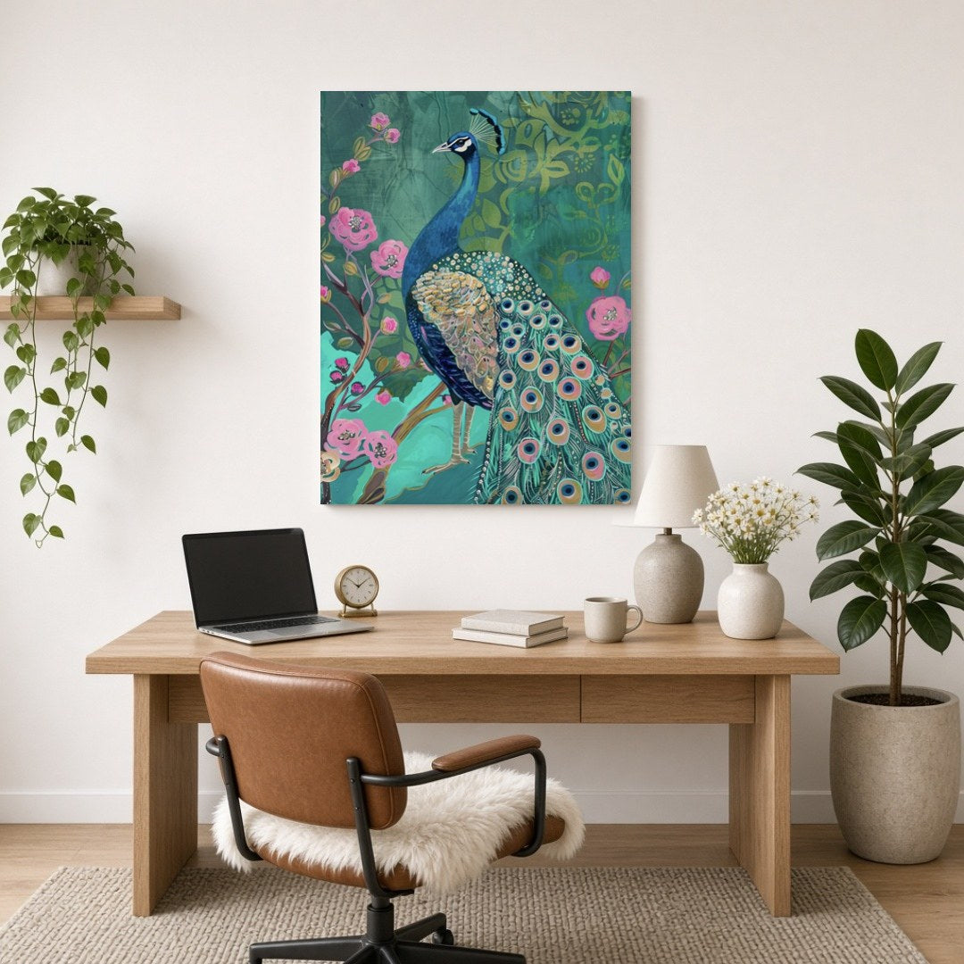 Immerse yourself in the regal allure of this artwork featuring a majestic peacock amidst a lush for Home Office