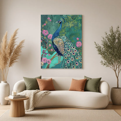 Immerse yourself in the regal allure of this artwork featuring a majestic peacock amidst a lush for Living Room